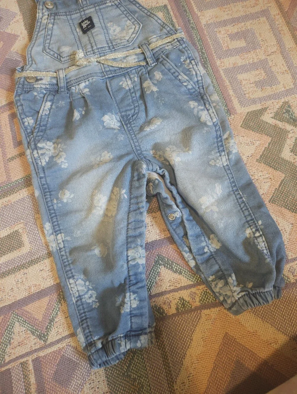 OSHKOSH BABY B'GOSH Floral Knit Denim Overalls Size 12 Months